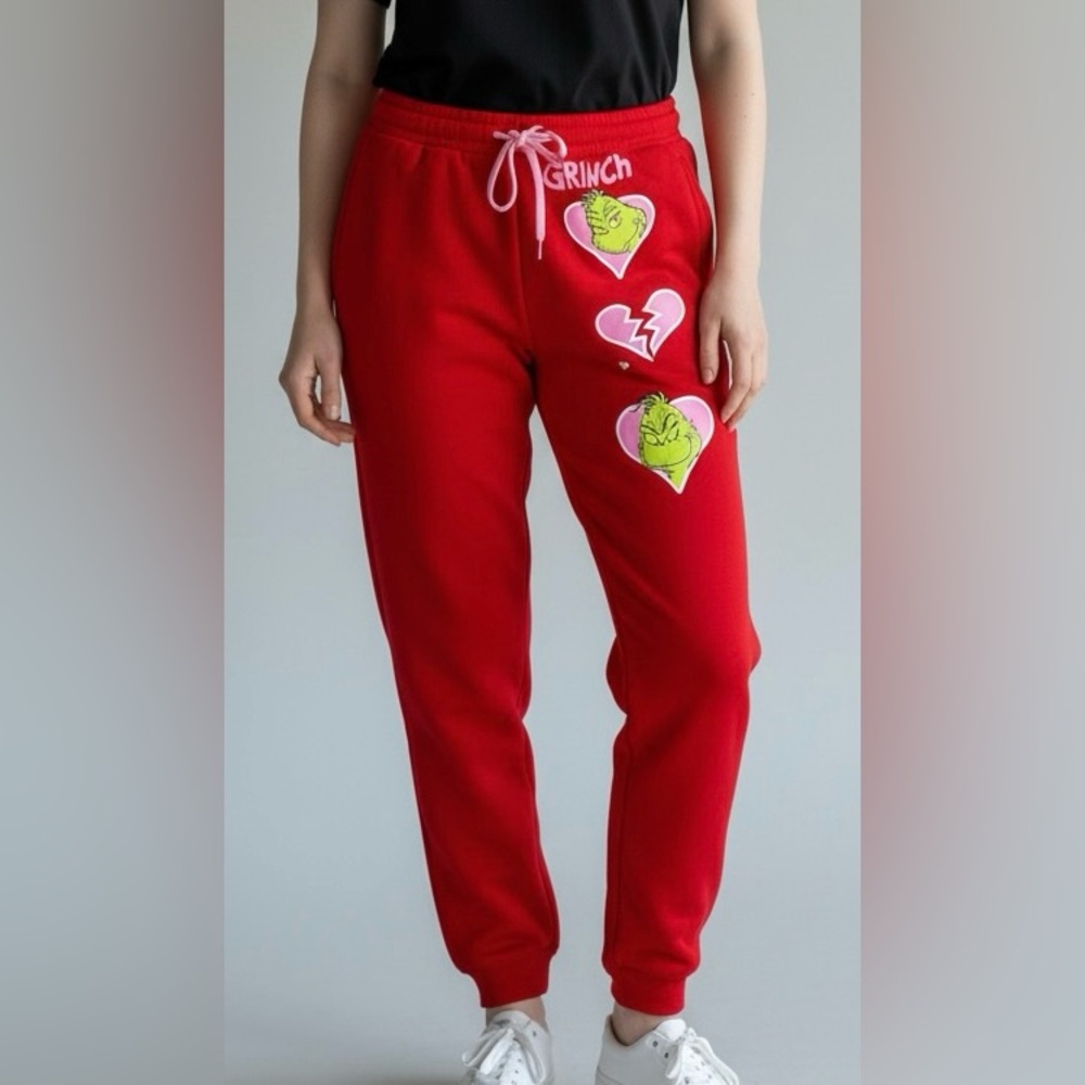 Grinch Jogger Sweatpants women’s Small Red Pink Heart Dr Seuss Lounge Pants NWOT